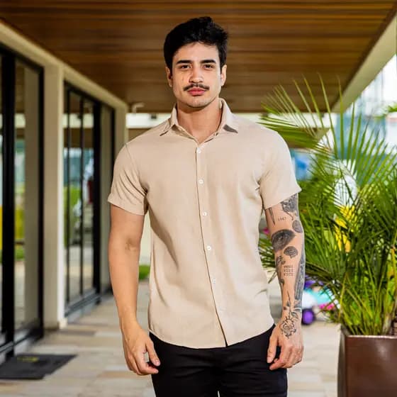 Camisa Social Masculina Manga Curta Composição Linho Slim Fit Casual Praia