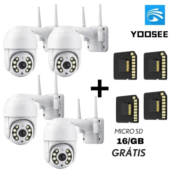 Kit 4 Câmeras Segurança IP WiFi Externa Yoosee Visão Noturna Prova D’Água +4 Cartão MicroSD 16GB