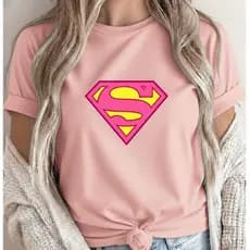 Camiseta Camisa Blusa Feminina 100%Algodão Mulher Maravilha Cor de Rosa Super Heróis Mulheres