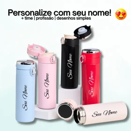 Garrafa Térmica Personalizada 400ml - Nome, Logotipo, Time, Profissão