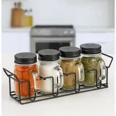 Kit 4 Porta Temperos de Vidro com Alça e Suporte Aramado