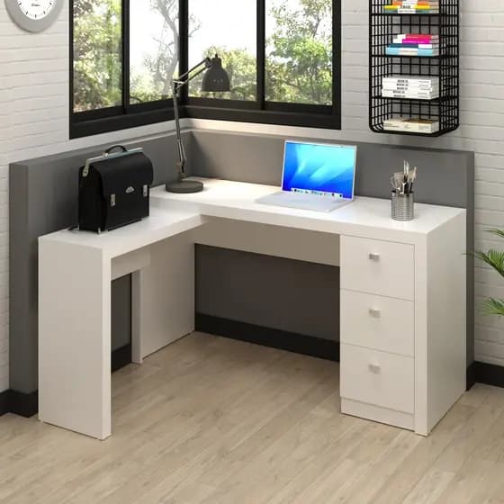 Mesa Escritório Apoio e 3 Gavetas Branco