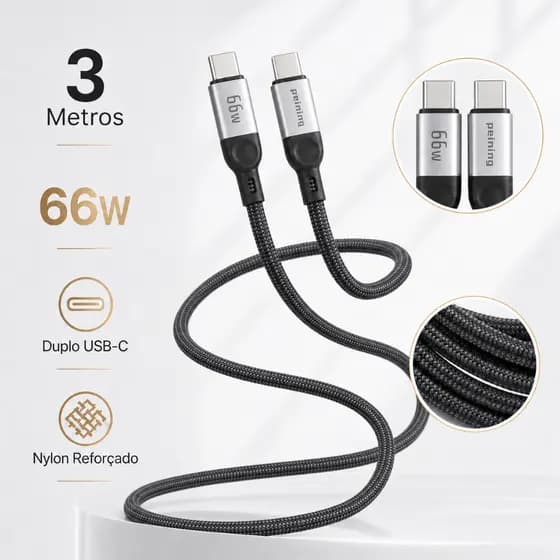 Cabo de Carregamento 3 Metros Turbo 66w Super Reforçado Tipo C Duplo Para Android e iPhone