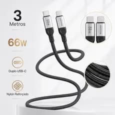 Cabo de Carregamento 3 Metros Turbo 66w Super Reforçado Tipo C Duplo Para Android e iPhone