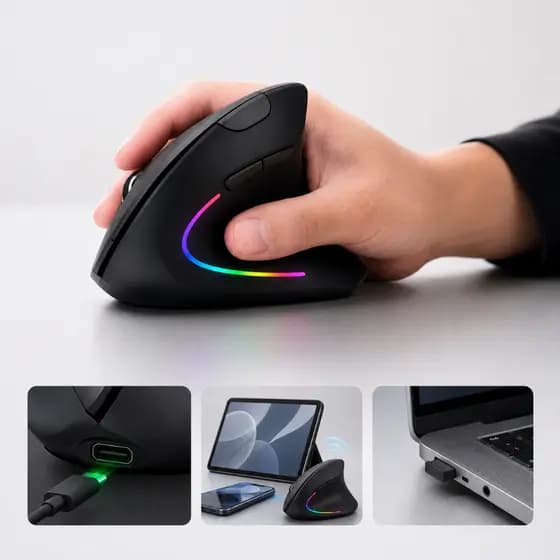 Mouse Sem Fio Vertical Recarregável - Ergonômico, Aveludado, Estudo e Trabalho - Bluetooth e 2.4Ghz