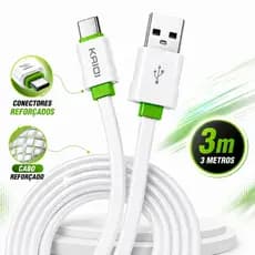 Cabo Carregador USB-C 3 Metros Carga Rápida e Dados USB-A Para iPhone ou Android