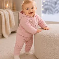 Conjunto Bebê Menina em Soft Bordado Capuz com Laço 2 Peças Casaco + Calça para Bebê Inverno