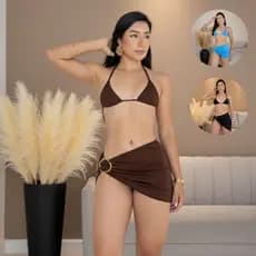 Biquíni Feminino 3 Peças com Saída Curta Fivela Moda Praia Tendência Verão