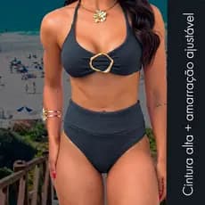 Biquíni Cintura Alta Com Fivela Dourada Tecido Texturizado Conjunto Biquini Feminino Hot Pants Praia Verão Moda Praia