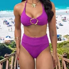 Biquini Feminino Cintura Alta Fivela Argola Dourada Canelado Conjunto Praia Hot Pants Amarração Ajustável