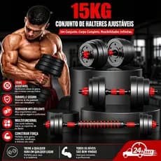 15KG Kit Halteres Barra Kettlebell 6 em 1Equipamentos de ginástica para casa