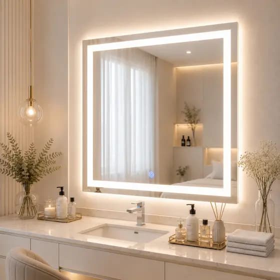 Espelho Grande Quadrado com Led 3 cores 80x80cm Decorativo para Banheiro, Lavabo, Salão, Consultório