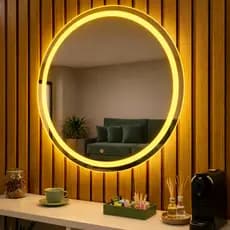 Espelho Redondo com LED 3000k Jateado até 70x70 Decorativo , Banheiro, Lavabo, Salão e Consultório