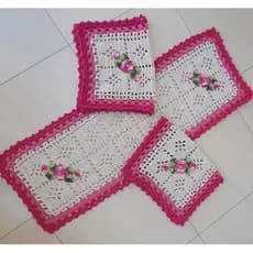 Jogo de Passadeira em Crochê Borda Colorida/Flor Barroca - Tapete Cozinha - 3 pçs