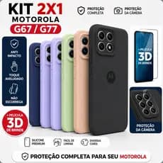 Kit 2X1 Motorola Moto G67/G77 Capa Capinha Silicone Aveludada e Película 3D