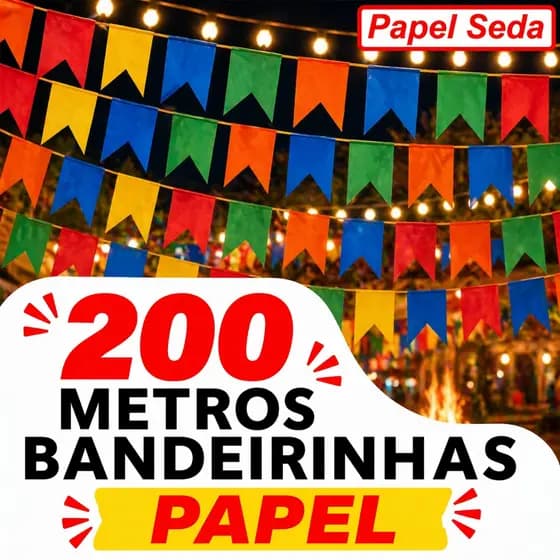 Kit 200 Metros Bandeirinhas de Festa Junina Seda Decoração Julina São João Quermesse Arraia