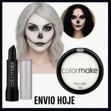 Kit Pancake Branco + Batom  Preto Halloween Maquiagem Artística Bruxa Festa Fantasia Colormake