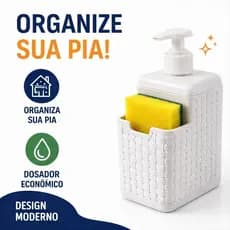 Porta Detergente com Dosador Porta Esponja Organizador de Pia Cozinha Rattan Branco