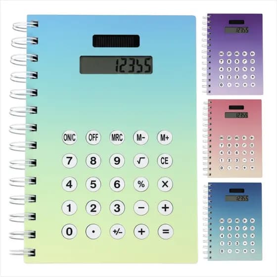 Bloco de Anotações Inteligente Caderno Capa Dura 160 Folhas Espiral Com Calculadora Embutida Visor Solar Cores Degradê