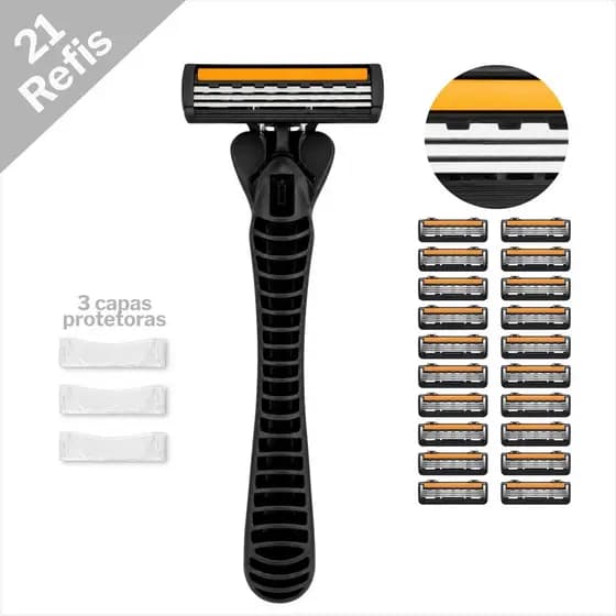 Kit Com Barbeador Reutilizável E 21 Refis De Lâminas 3 Cortes Precisos E Confortáveis
