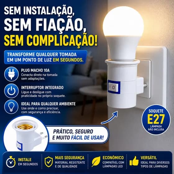 Soquete E27 com Plug Macho 10A e Interruptor Bocal para Lâmpada LED Direto na Tomada