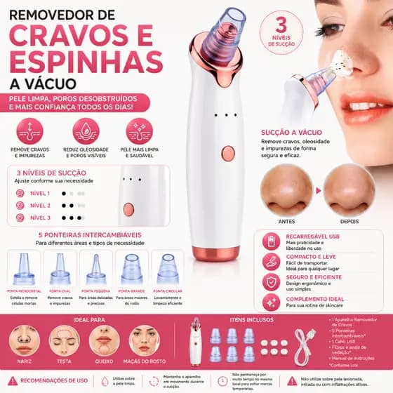 Removedor de Cravos e Espinhas a Vácuo Recarregável USB Limpador de Poros Aspirador Facial 5 Ponteiras