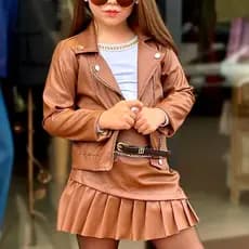 Conjunto Feminino Infantil  Jaqueta Couro Fake +  Saia Plissado Moda Blogueira Luxo Menina