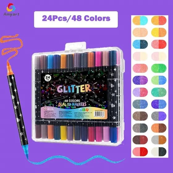 Caneta Aquarela Brush Pen Kit  De Ponta Dupla 12/24 OU 24/48 Cores Glitter Marcadores Para Desenho Graffiti