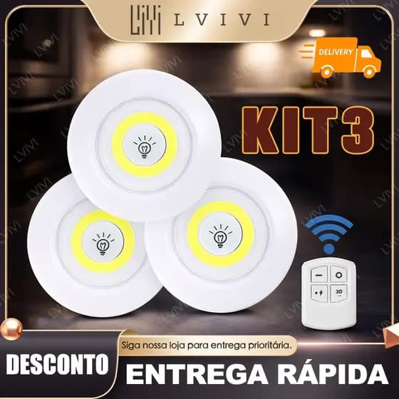 Kit Luminária3/6/ 9 Lâmpada Led Sem Fio Armário Guarda-Roupa Ambiente Emergência c/Controle Branco Frio