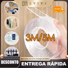 Fita Dupla Face 3/5 Metro Extra Forte Transparente NanoGel Silicone Adesiva Cola na Parede Móvel Porta