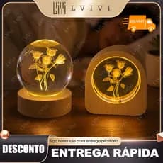 Luminária Led de Mesa Vidro 3d Base Madeira Luz Quente Decoração Enfeite Leitura Presente