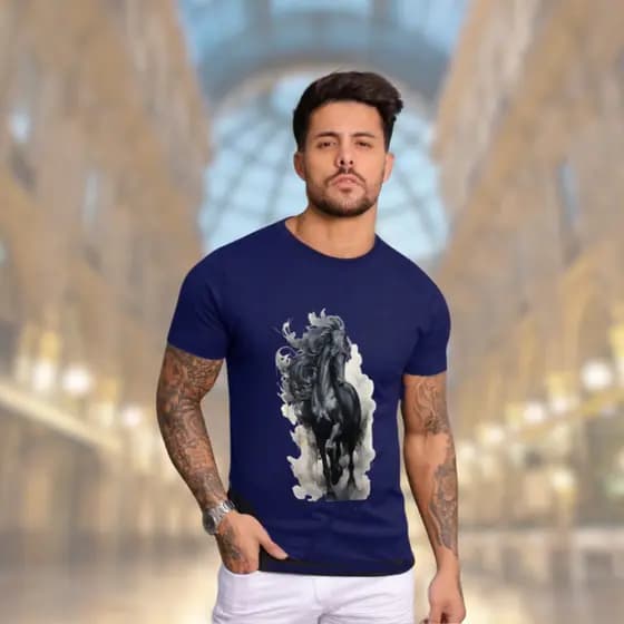 Camiseta Masculina Cavalo Selvagem 100 % Algodão, Premium / Casual, Estilo de Rua