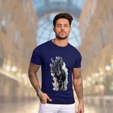 Camiseta Masculina Cavalo Selvagem 100 % Algodão, Premium / Casual, Estilo de Rua
