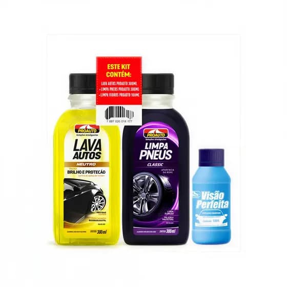 Kit Lavagem Automotiva Shampoo Pneu Pretinho e Limpa Vidros Proauto