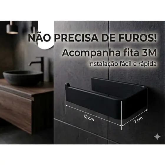 Porta Papel Higienico Suporte Banheiro Toalha Sem Furo Fita 3M Preto Fosco