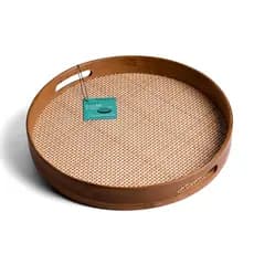 Bandeja Redonda De Bambu com Alça Palha Xadrez 35cm Oikos