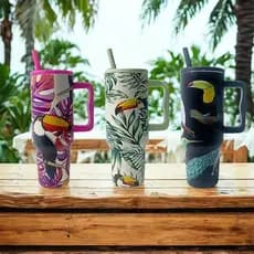 Copo Térmico Alça e Canudo Personalizado Estampado Fauna - 1200ML