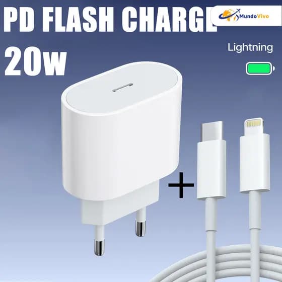 Conjunto de carregador de energia para IPhone e cabo de carregamento rápido PD 20W de 1m