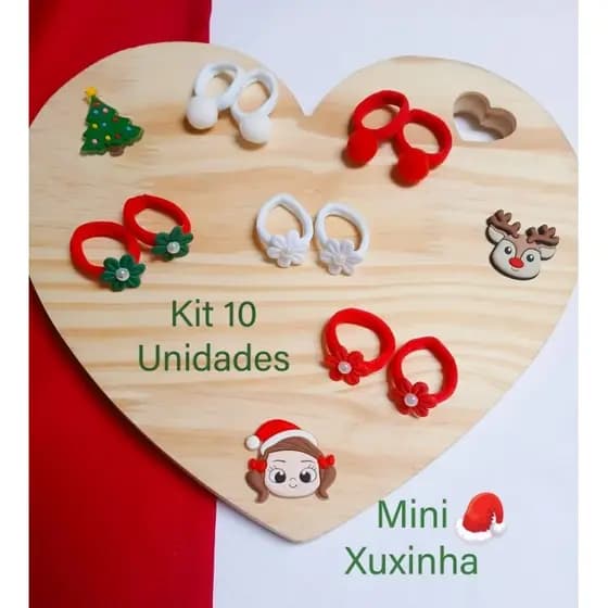kit 10 Mini Xuxinha Natalina Vermelho e Branco Com Florzinhas Pompons e Meia Pérola Acessório de Cabelo Infantil Menina