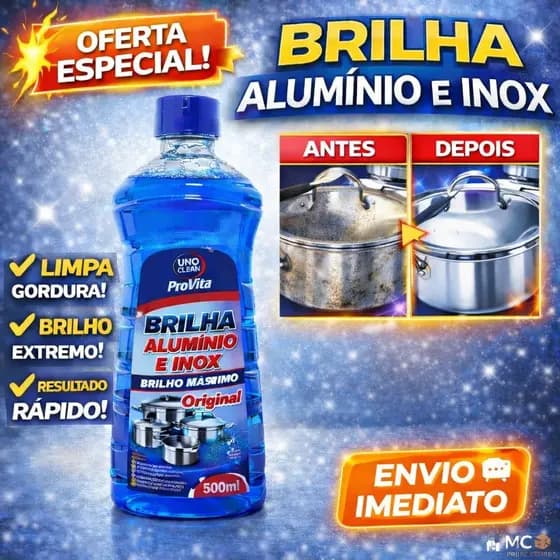 Brilha Alumínio e Inox ProVita 500ml – Remove Gordura, Crostas e Manchas, Brilho em Panelas, Fogão e Utensílios