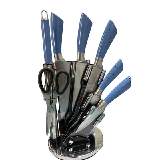 CONJUNTO DE FACAS 8 PEÇAS COM SUPORTE GIRATÓRIO - AÇO INOXIDÁVEL DE ALTA QUALIDADE - AZUL
