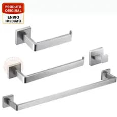 Kit Acessórios Banheiro Inox 4 Peças Cinza Premium | Toalheiro, Papeleira, Gancho e Suporte Moderno