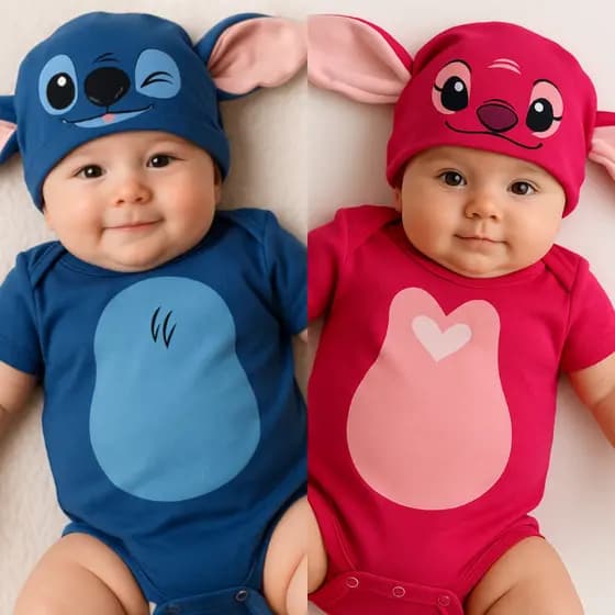 Body Bebe Stitch e Angel Body + Touca Bori de Mesversario Fantasia Infantil(NOVO-LISA)