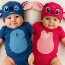 Body Bebe Stitch e Angel Body + Touca Bori de Mesversario Fantasia Infantil(NOVO-LISA)