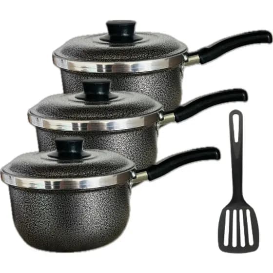 Kit 3 Caçarolas Com Cabo Panelas Alumínio CRAQUELADO, 1 Espatula N. 18 e N. 16 N. 14,