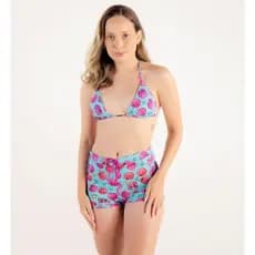 Kit 3 peças Biquíni Cortininha Fio Dental + Short Praia Feminino Estampado