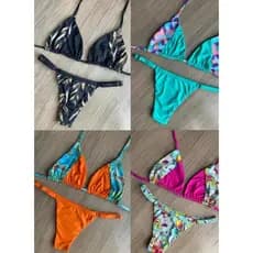 Kit 4 Conjuntos Biquini Estampado Cortininha Marquinha Fita Calcinha fio Dental Duplo