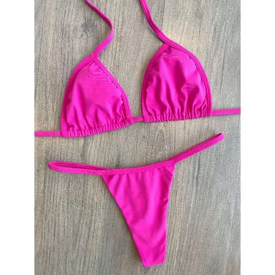 Biquíni Fita cortininha sem bojo calcinha fio dental marquinha Perfeita Rosa Pink