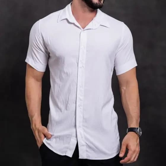 Camisa Masculina de linho slim premium Manga Curta Social casual Verão Frescas praia estilo mauricinho