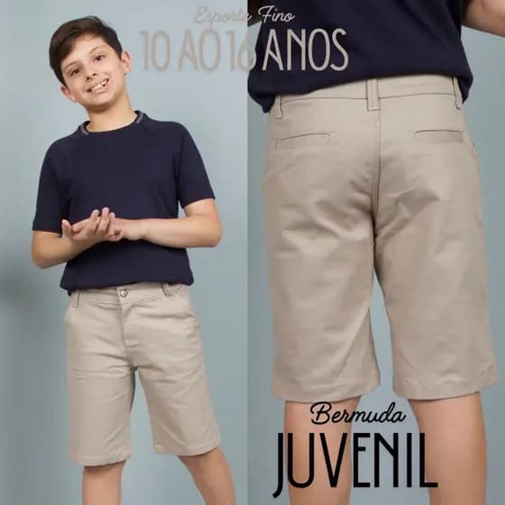 Bermuda Juvenil Menino Sarja Brim Short 10-16 Bolso Embutido Esporte Fino